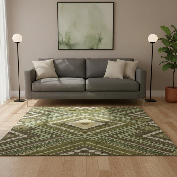 HomeRoots 8' Tribal Washable Round Rug in Olive Green, Ivory & Brown - UV Protected, Stain Resistant & Family-Friendly 679303