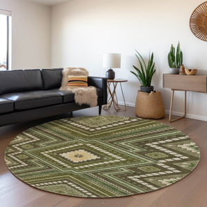 HomeRoots 8' Tribal Washable Round Rug in Olive Green, Ivory & Brown - UV Protected, Stain Resistant & Family-Friendly 679303