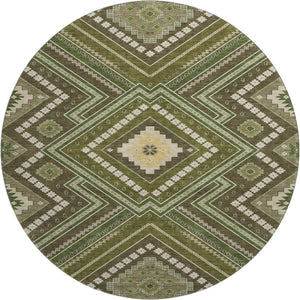 HomeRoots 8' Tribal Washable Round Rug in Olive Green, Ivory & Brown - UV Protected, Stain Resistant & Family-Friendly 679303