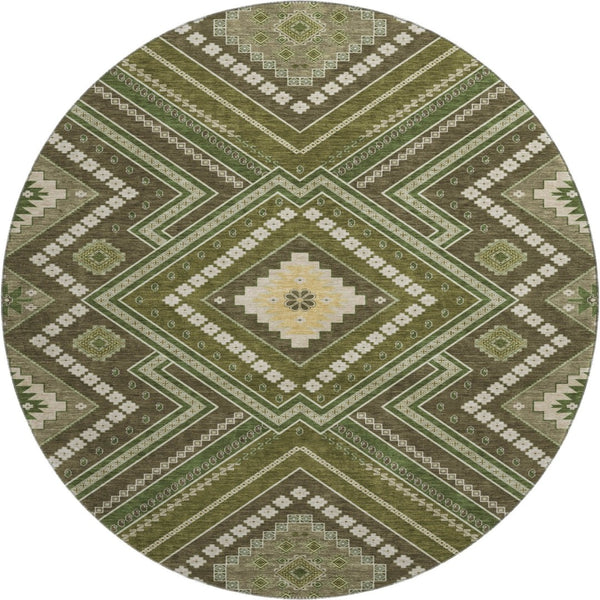 HomeRoots 8' Tribal Washable Round Rug in Olive Green, Ivory & Brown - UV Protected, Stain Resistant & Family-Friendly 679303