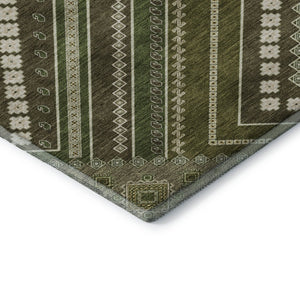 HomeRoots 8' Tribal Washable Round Rug in Olive Green, Ivory & Brown - UV Protected, Stain Resistant & Family-Friendly 679303