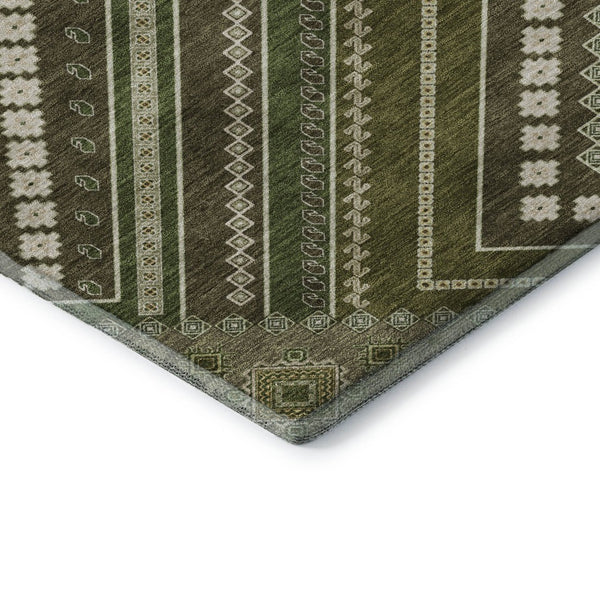 HomeRoots 8' Tribal Washable Round Rug in Olive Green, Ivory & Brown - UV Protected, Stain Resistant & Family-Friendly 679303