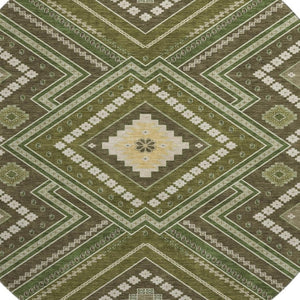 HomeRoots 8' Tribal Washable Round Rug in Olive Green, Ivory & Brown - UV Protected, Stain Resistant & Family-Friendly 679303