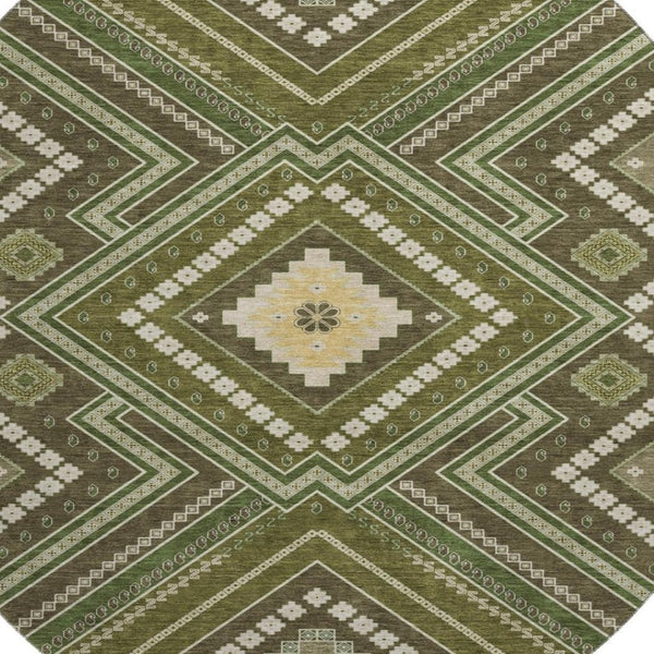 HomeRoots 8' Tribal Washable Round Rug in Olive Green, Ivory & Brown - UV Protected, Stain Resistant & Family-Friendly 679303