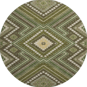 HomeRoots 8' Tribal Washable Round Rug in Olive Green, Ivory & Brown - UV Protected, Stain Resistant & Family-Friendly 679303