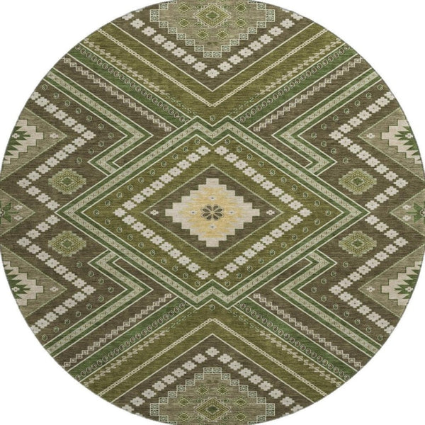 HomeRoots 8' Tribal Washable Round Rug in Olive Green, Ivory & Brown - UV Protected, Stain Resistant & Family-Friendly 679303