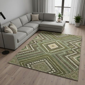HomeRoots 8' X 10' Olive Green Tribal Area Rug - Washable, UV-Resistant, Stylish & Durable for High-Traffic Spaces 679304
