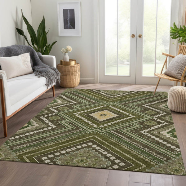 HomeRoots 8' X 10' Olive Green Tribal Area Rug - Washable, UV-Resistant, Stylish & Durable for High-Traffic Spaces 679304