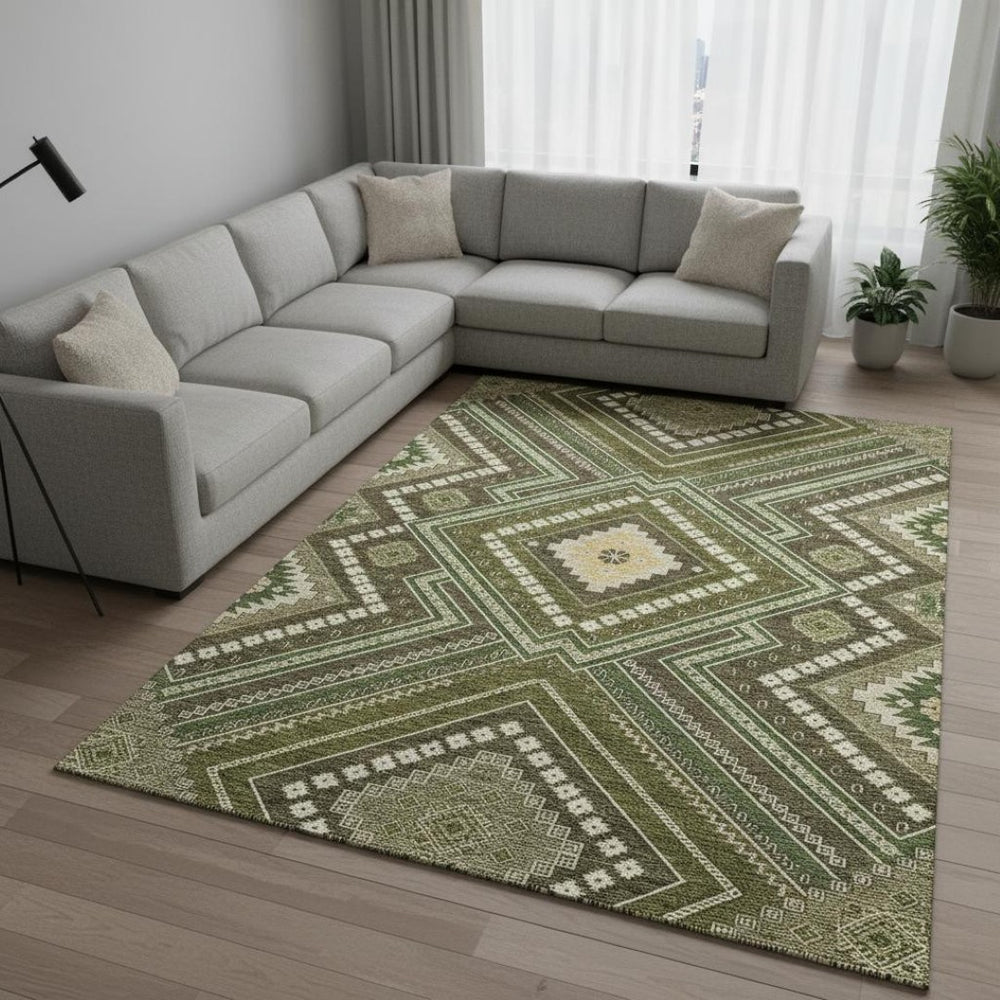 HomeRoots 9' X 12' Olive Green Tribal Area Rug - Washable, UV Protected, Durable & Stain-Resistant for Homes 679305