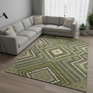 HomeRoots 9' X 12' Olive Green Tribal Area Rug - Washable, UV Protected, Durable & Stain-Resistant for Homes 679305
