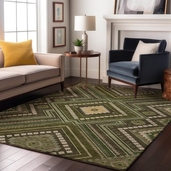 HomeRoots 9' X 12' Olive Green Tribal Area Rug - Washable, UV Protected, Durable & Stain-Resistant for Homes 679305