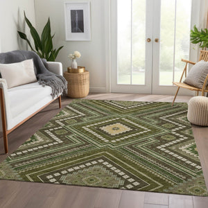 HomeRoots 9' X 12' Olive Green Tribal Area Rug - Washable, UV Protected, Durable & Stain-Resistant for Homes 679305