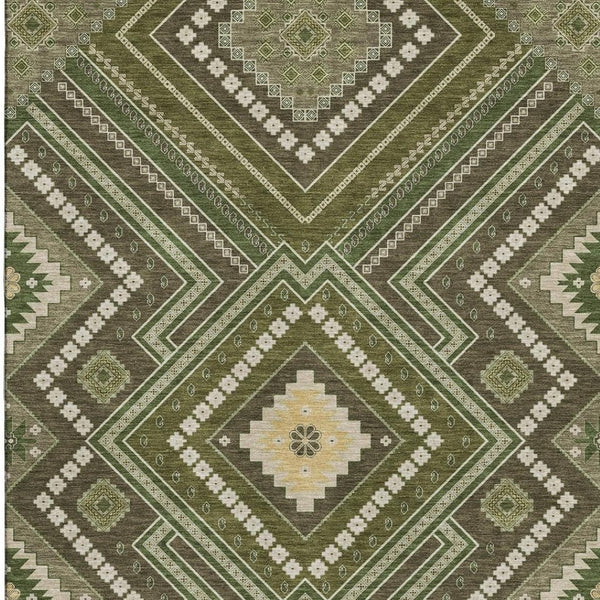HomeRoots 9' X 12' Olive Green Tribal Area Rug - Washable, UV Protected, Durable & Stain-Resistant for Homes 679305