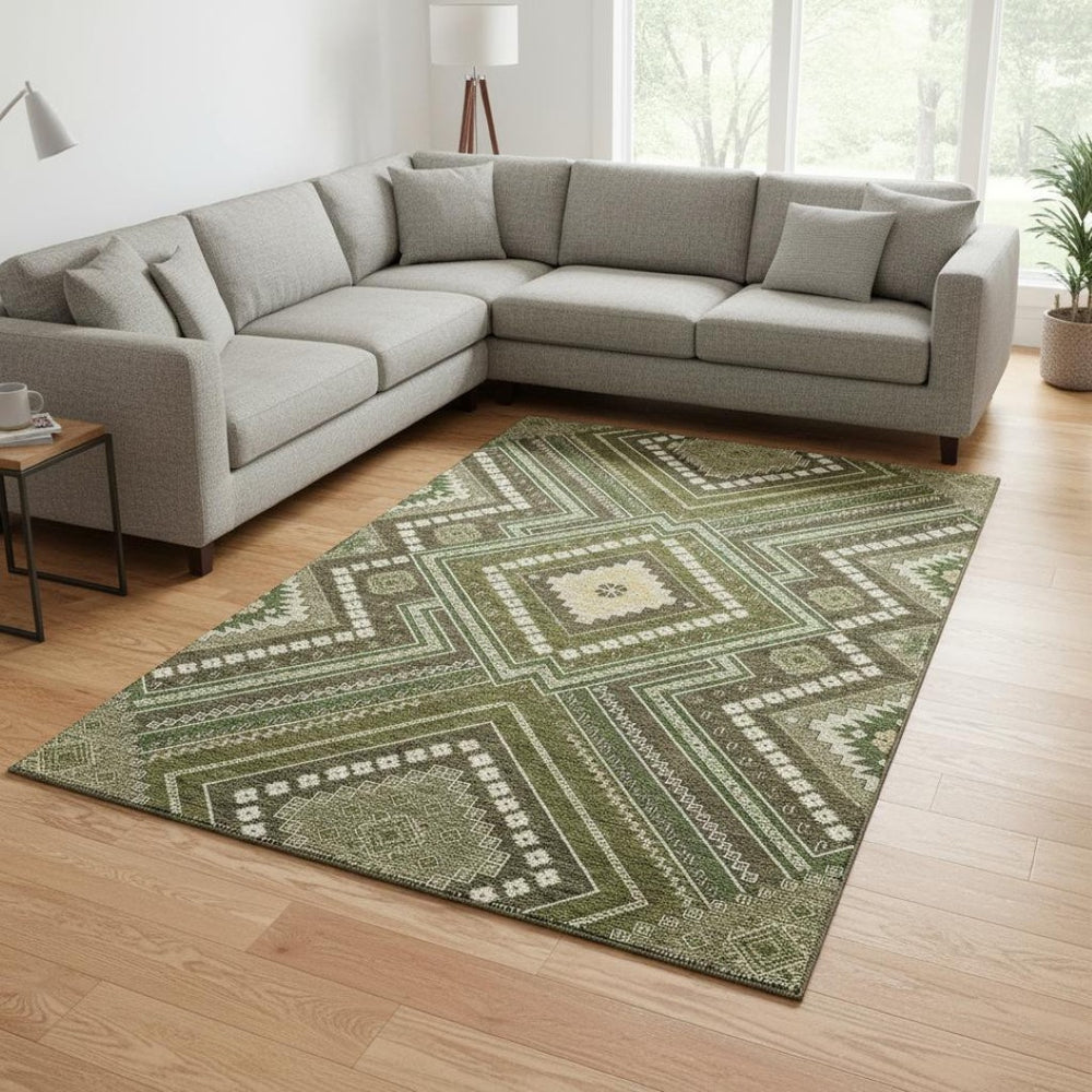 HomeRoots 10' Olive Green Tribal Area Rug - Durable, Washable & UV Protected for Modern or Traditional Homes 679306