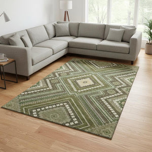 HomeRoots 10' Olive Green Tribal Area Rug - Durable, Washable & UV Protected for Modern or Traditional Homes 679306