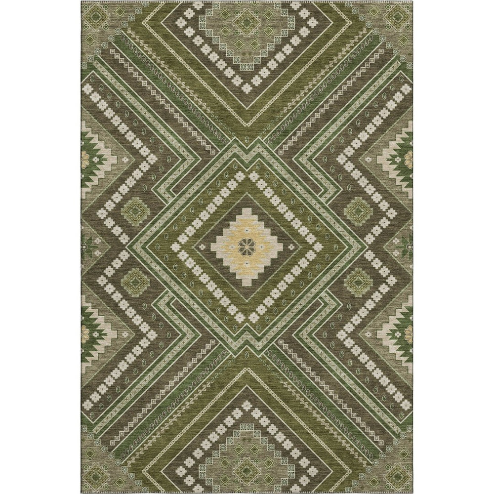 HomeRoots 10' Olive Green Tribal Area Rug - Durable, Washable & UV Protected for Modern or Traditional Homes 679306