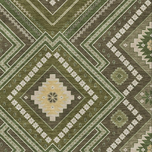 HomeRoots 10' Olive Green Tribal Area Rug - Durable, Washable & UV Protected for Modern or Traditional Homes 679306