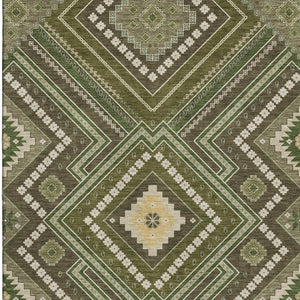 HomeRoots 10' Olive Green Tribal Area Rug - Durable, Washable & UV Protected for Modern or Traditional Homes 679306