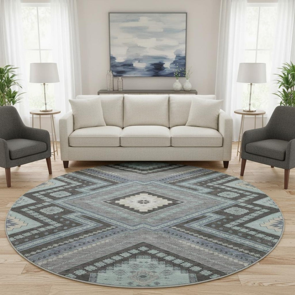 HomeRoots 8' Pewter Gray Tribal Round Rug - Washable, UV Protected, Stain Resistant for Stylish High-Traffic Areas 679309