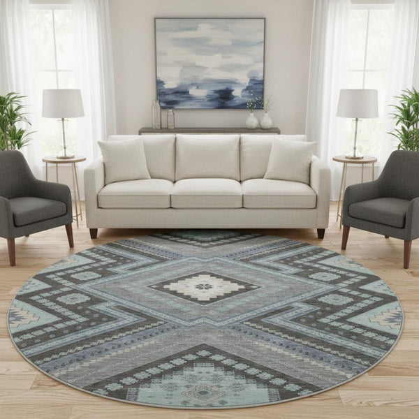 HomeRoots 8' Pewter Gray Tribal Round Rug - Washable, UV Protected, Stain Resistant for Stylish High-Traffic Areas 679309