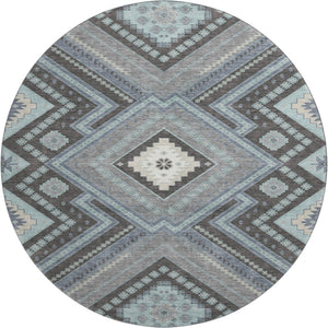 HomeRoots 8' Pewter Gray Tribal Round Rug - Washable, UV Protected, Stain Resistant for Stylish High-Traffic Areas 679309