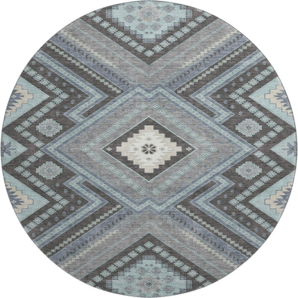HomeRoots 8' Pewter Gray Tribal Round Rug - Washable, UV Protected, Stain Resistant for Stylish High-Traffic Areas 679309