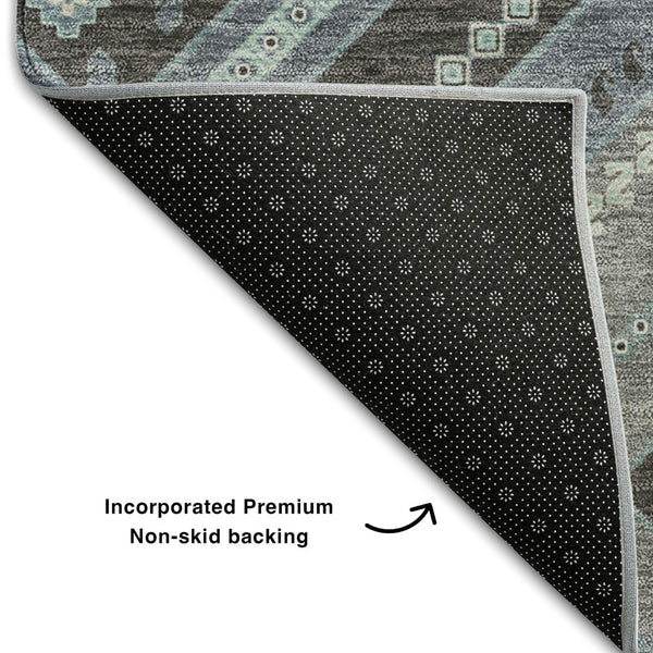 HomeRoots 8' Pewter Gray Tribal Round Rug - Washable, UV Protected, Stain Resistant for Stylish High-Traffic Areas 679309