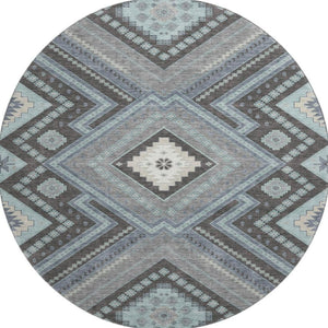 HomeRoots 8' Pewter Gray Tribal Round Rug - Washable, UV Protected, Stain Resistant for Stylish High-Traffic Areas 679309