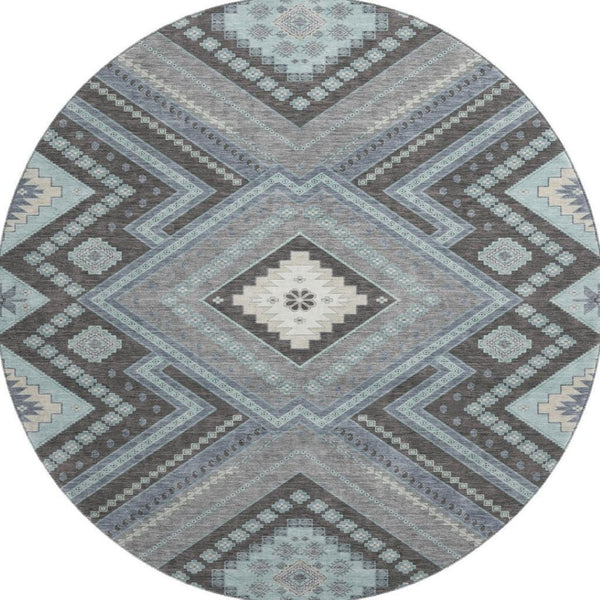 HomeRoots 8' Pewter Gray Tribal Round Rug - Washable, UV Protected, Stain Resistant for Stylish High-Traffic Areas 679309
