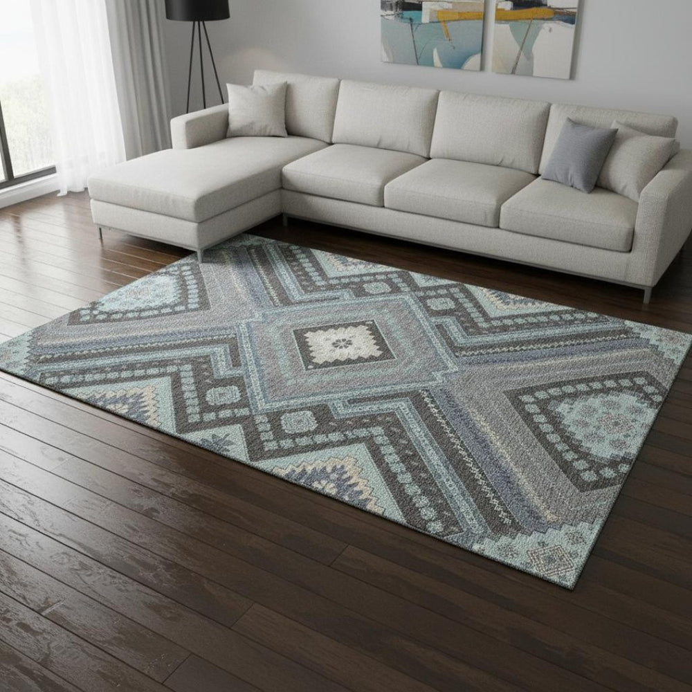 HomeRoots 8' X 10' Pewter Gray & Ivory Tribal Area Rug – Washable, UV Protected, Pet-Friendly for Any Space! 679310