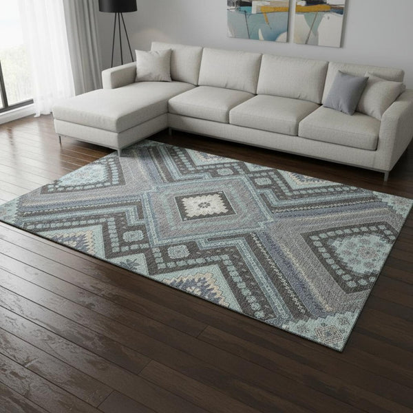 HomeRoots 8' X 10' Pewter Gray & Ivory Tribal Area Rug – Washable, UV Protected, Pet-Friendly for Any Space! 679310