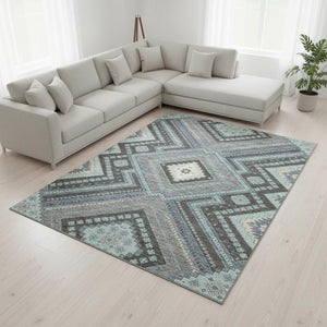 HomeRoots 9' X 12' Pewter Gray Tribal Area Rug – Washable, UV-Protected, Stain-Resistant for Homes with Kids & Pets 679311