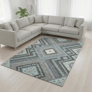 HomeRoots 10' X 14' Stylish Pewter Gray & Ivory Tribal Area Rug - Washable, Stain Resistant, UV Protected Design 679312