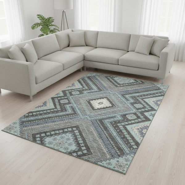 HomeRoots 10' X 14' Stylish Pewter Gray & Ivory Tribal Area Rug - Washable, Stain Resistant, UV Protected Design 679312