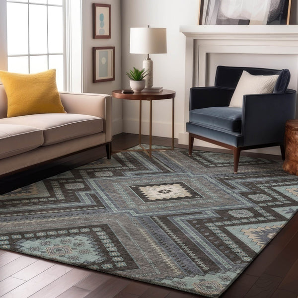 HomeRoots 10' X 14' Stylish Pewter Gray & Ivory Tribal Area Rug - Washable, Stain Resistant, UV Protected Design 679312