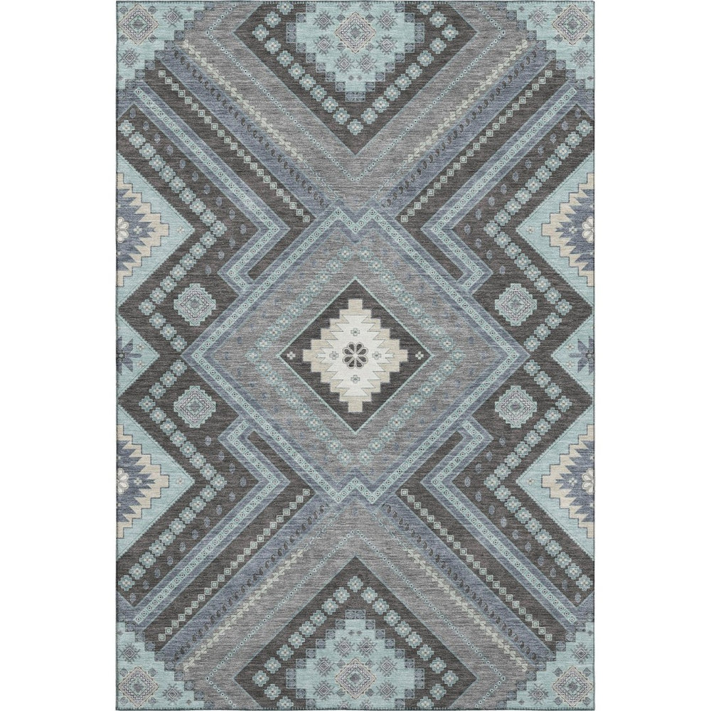 HomeRoots 10' X 14' Stylish Pewter Gray & Ivory Tribal Area Rug - Washable, Stain Resistant, UV Protected Design 679312