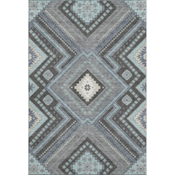 HomeRoots 10' X 14' Stylish Pewter Gray & Ivory Tribal Area Rug - Washable, Stain Resistant, UV Protected Design 679312