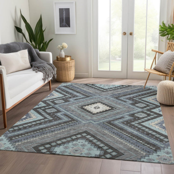 HomeRoots 10' X 14' Stylish Pewter Gray & Ivory Tribal Area Rug - Washable, Stain Resistant, UV Protected Design 679312