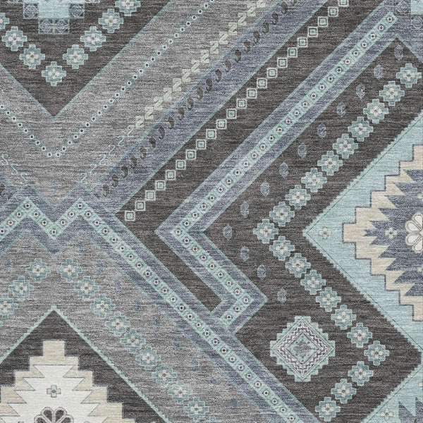 HomeRoots 10' X 14' Stylish Pewter Gray & Ivory Tribal Area Rug - Washable, Stain Resistant, UV Protected Design 679312