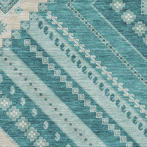 HomeRoots 5' X 8' Stylish Tribal Area Rug in Teal, Beige & Aqua - Washable, UV-Protected & Kid-Friendly Design 679314