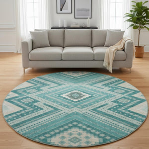 HomeRoots 8' Teal Beige Aqua Tribal Round Rug - Washable, UV Protected & Stain-Resistant for Busy Homes 679315