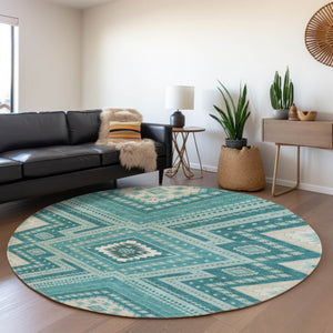 HomeRoots 8' Teal Beige Aqua Tribal Round Rug - Washable, UV Protected & Stain-Resistant for Busy Homes 679315