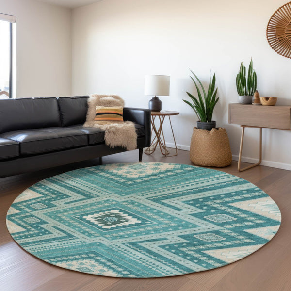 HomeRoots 8' Teal Beige Aqua Tribal Round Rug - Washable, UV Protected & Stain-Resistant for Busy Homes 679315