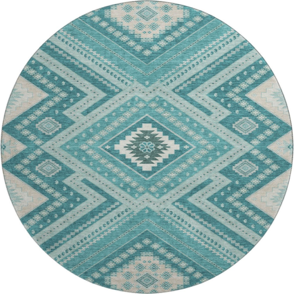 HomeRoots 8' Teal Beige Aqua Tribal Round Rug - Washable, UV Protected & Stain-Resistant for Busy Homes 679315