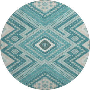 HomeRoots 8' Teal Beige Aqua Tribal Round Rug - Washable, UV Protected & Stain-Resistant for Busy Homes 679315