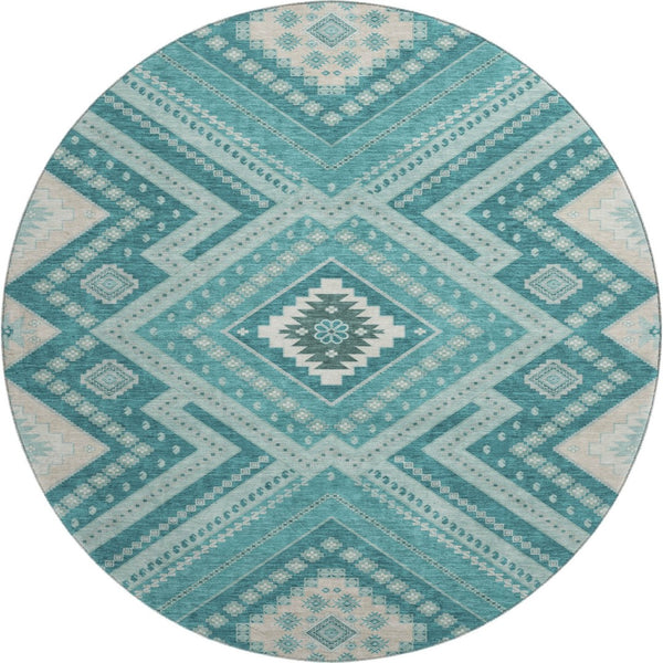 HomeRoots 8' Teal Beige Aqua Tribal Round Rug - Washable, UV Protected & Stain-Resistant for Busy Homes 679315