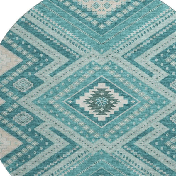 HomeRoots 8' Teal Beige Aqua Tribal Round Rug - Washable, UV Protected & Stain-Resistant for Busy Homes 679315