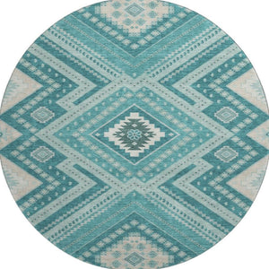 HomeRoots 8' Teal Beige Aqua Tribal Round Rug - Washable, UV Protected & Stain-Resistant for Busy Homes 679315