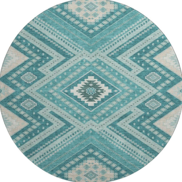 HomeRoots 8' Teal Beige Aqua Tribal Round Rug - Washable, UV Protected & Stain-Resistant for Busy Homes 679315