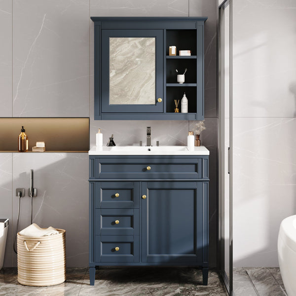 English Elm 30'' Modern Bathroom Vanity with Integrated Mirror Cabinet, Ceramic Sink, 3 Drawers & Ample Storage Blue SW000126AAC-1